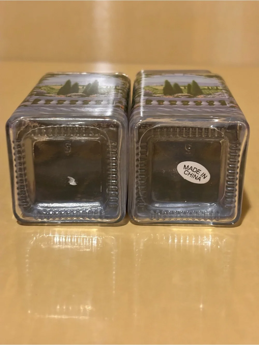 Italian Scene Glass Salt and Pepper Set with Caddy